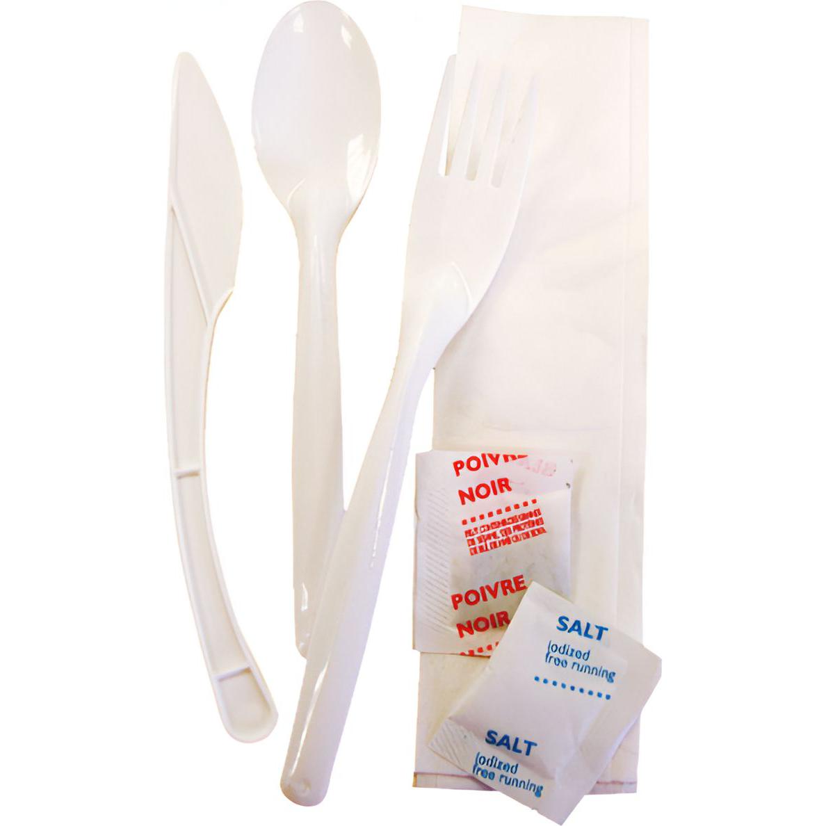Sanfacon - 6 Pc Cutlery Kit, Knife, Fork, Soup Spoon, Salt, Pepper, Napkin, 250/Cs - 826386