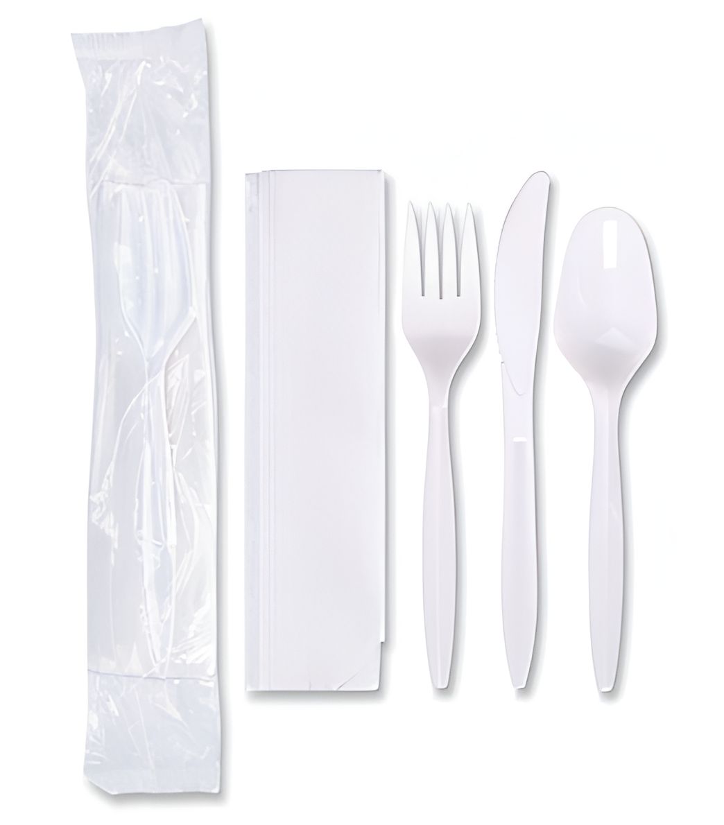 511 Foodservice - Polypropylene White Cutlery Meal Kit ( Spoon, Fork, Knife, Napkin ), 500/Cs - 3106031