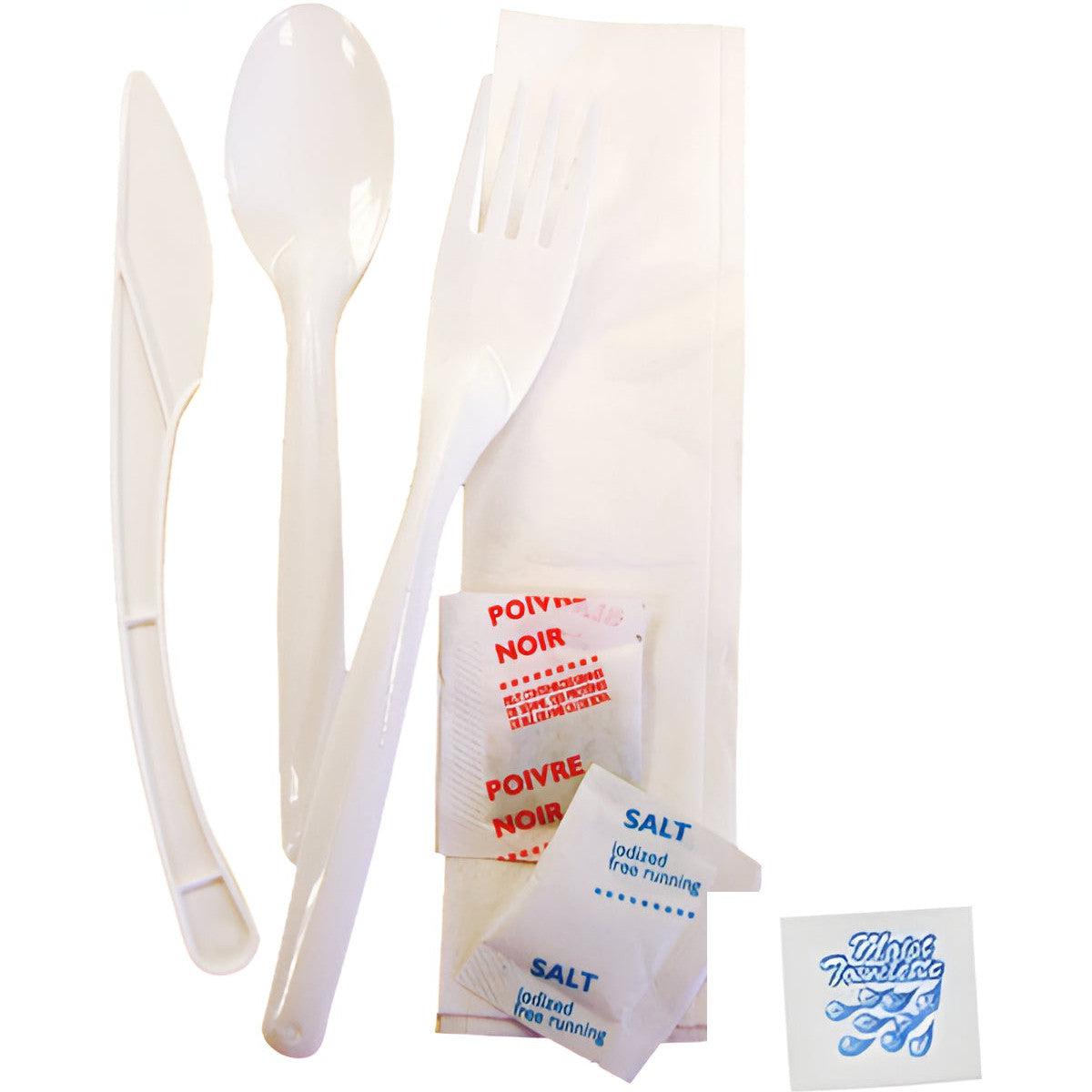 Sanfacon - 7 Pc Cutlery Kit Knife, Fork, Teaspoon, Salt, Pepper, Napkin, Moist Towelette, 500/Cs - 828388 (Special Order Item)