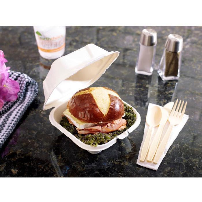 Pactiv Evergreen - 8" x 8" x 3" Earth Choice Bagasse Hinged Lid Takeout Container Natural , 150/Cs - YMCH08010001