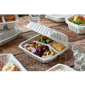Pactiv Evergreen - 8.5 x 8.6 x 3.1" White, Vented 3-Compartment MFPP Hinged Lid Container, 146/cs - YCNW0853