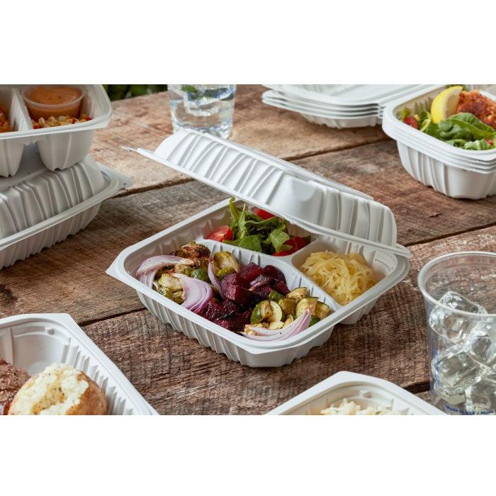 Pactiv Evergreen - 8.5 x 8.6 x 3.1" White, Vented 3-Compartment MFPP Hinged Lid Container, 146/cs - YCNW0853
