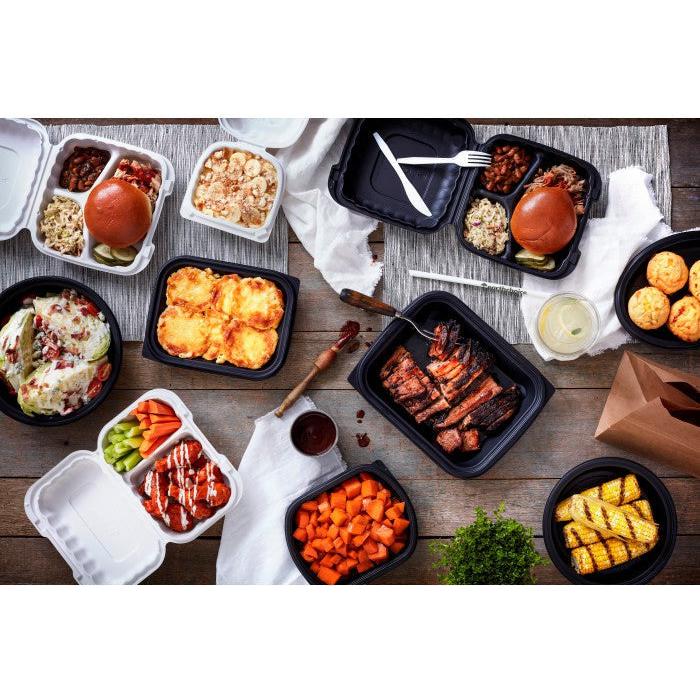 Pactiv Evergreen - 9 x 9 x 3" White 3-Compartment MFPP Hinged Lid Container, 120/cs - YCN809030000