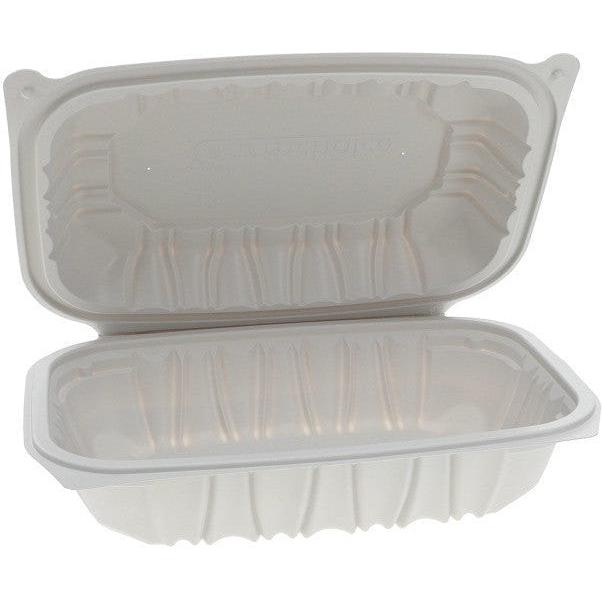 Pactiv Evergreen - 9 x 6 x 2.7" White, Vented MFPP Hinged Lid Container, 170/cs - YCNW0207