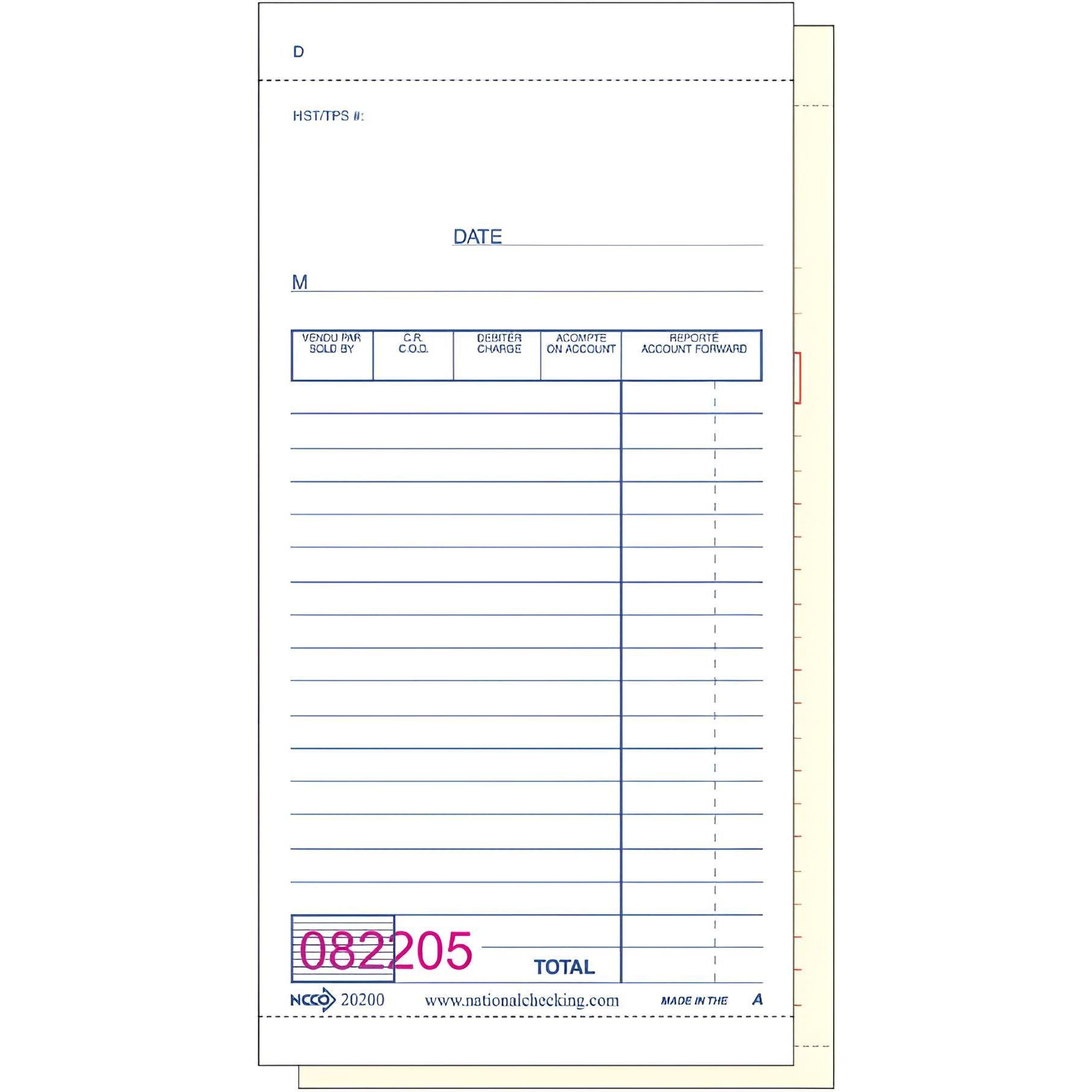 NCCO International - 3.5" x 6.75", 2-Part Medium Carbonless Canadian Guest Check, 50/Bk - 20200