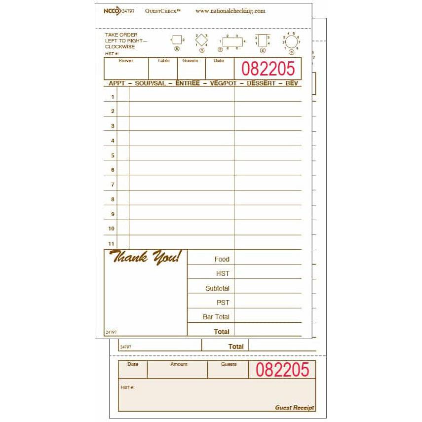 NCCO International - 4.25" x 7.75", Medium-Wide Two-Part Carbonless Canadian Guest Check, 250/Pk - 24797