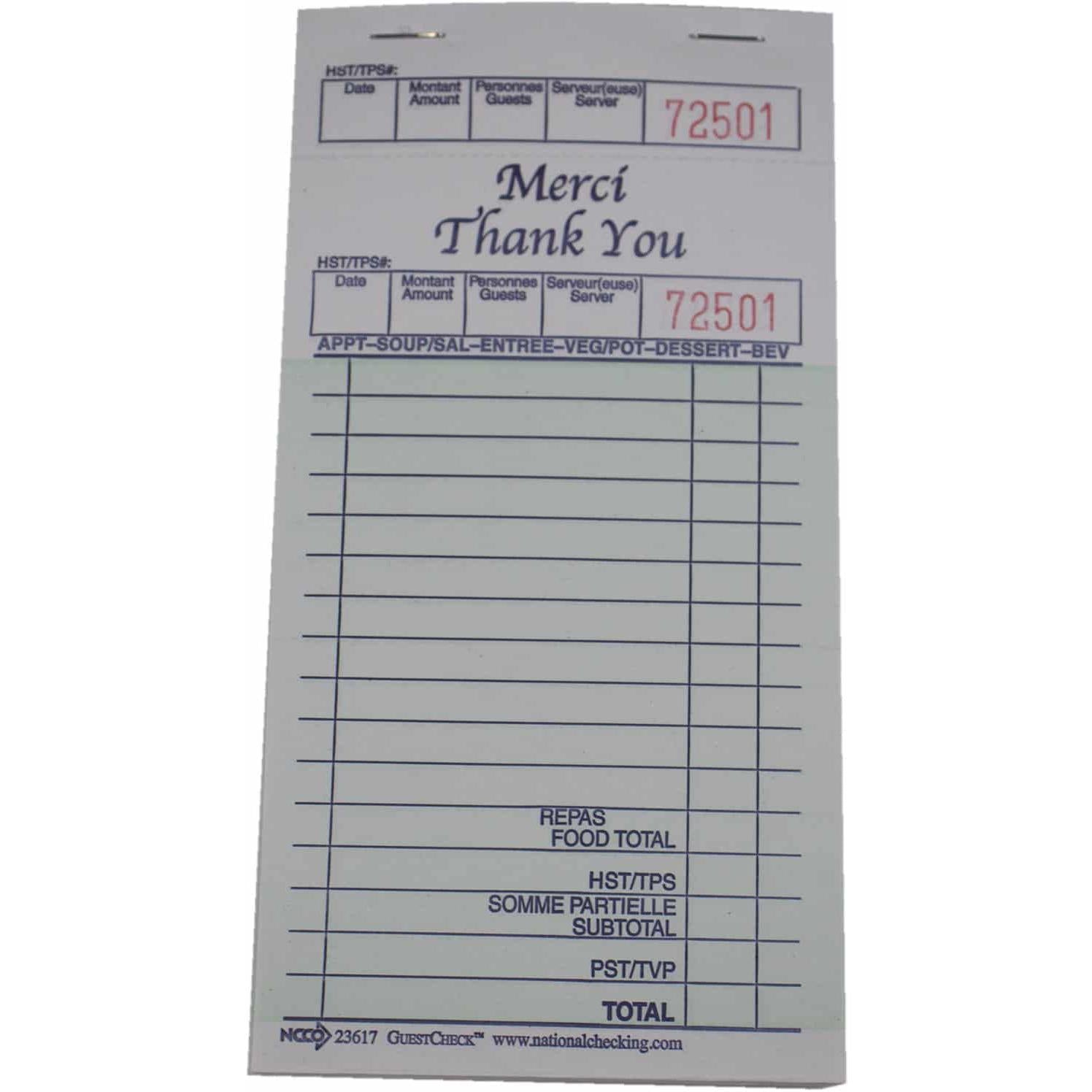 NCCO International - 3.5" x 6.75" Medium Single Guest Check, 1000/Pk - 23617