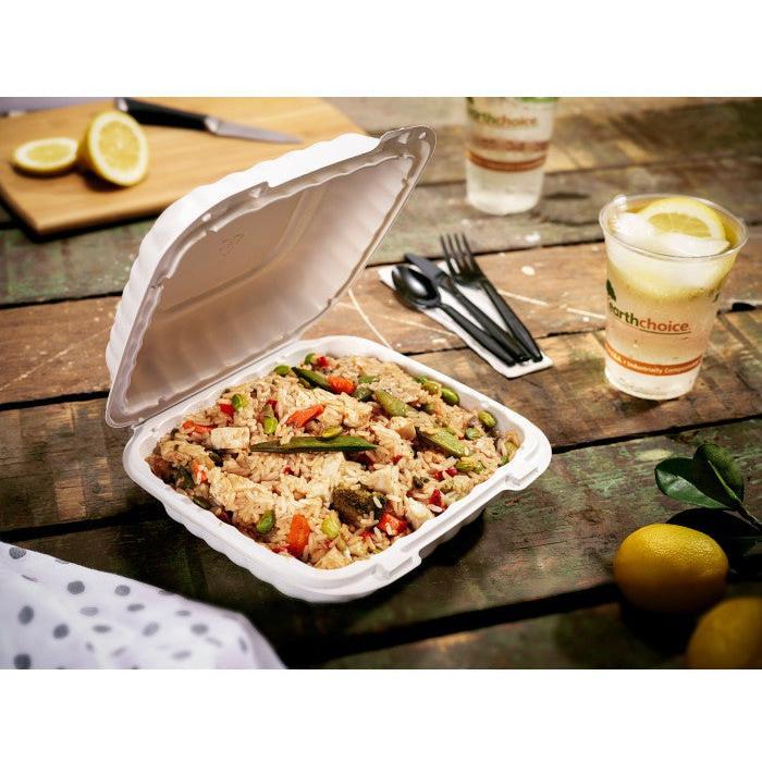 Pactiv Evergreen - 9 x 9 x 3" White, MFPP Hinged Lid Container, 120/cs - YCN809010000