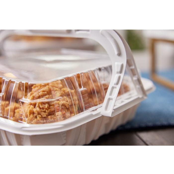 Pactiv Evergreen - White/Clear 9.5" x 8" x 3" 4 Piece MFPP Chicken Barn Container with Vented OPS Dome Lid, 100 Count - YCNC3004000W