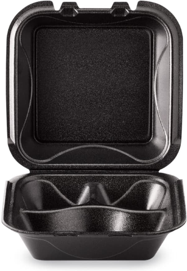 Darnel - 8.4" x 8.4" x 2.8" Black Medium Foam 3 Compartment Hinged Container, 200/Cs - DU4053199