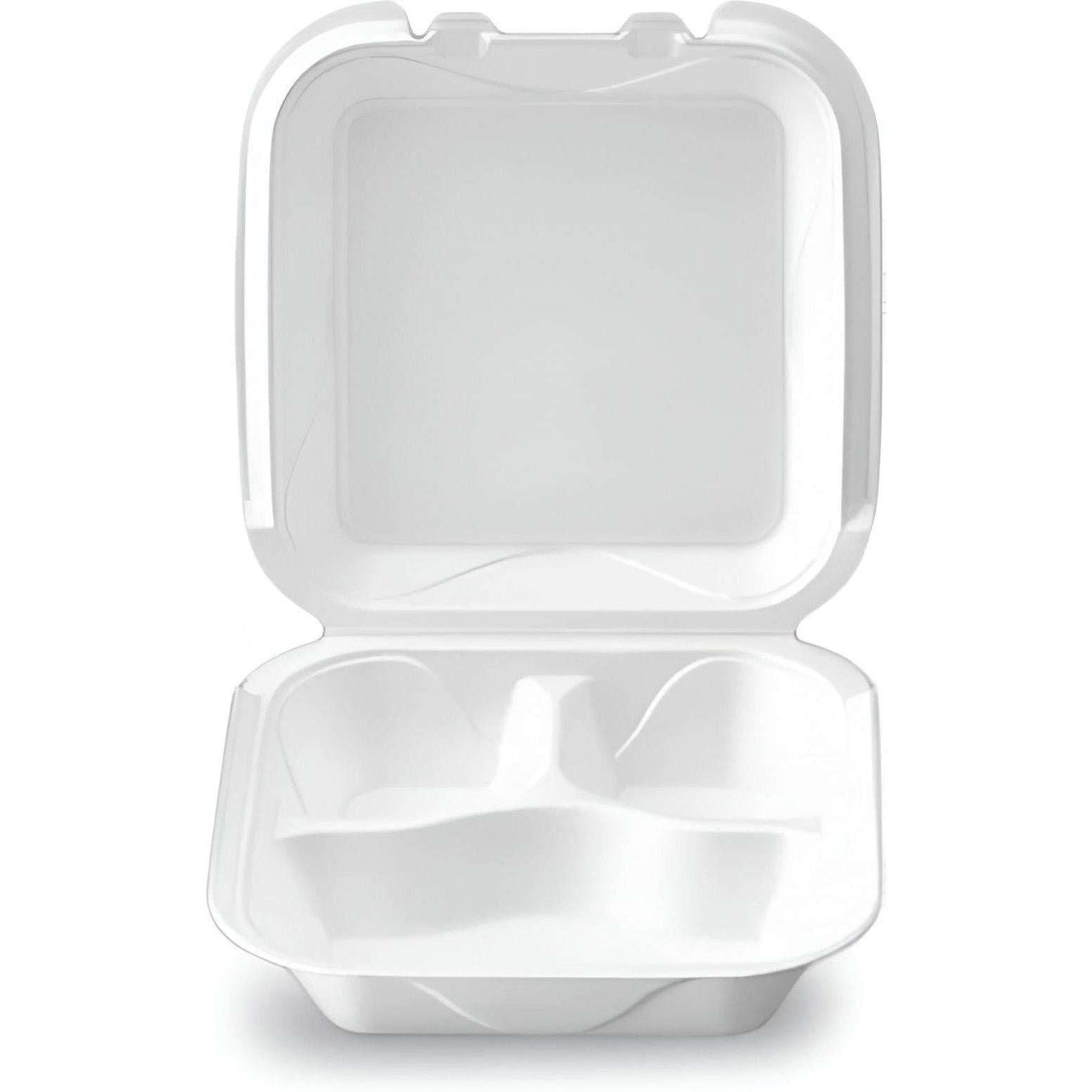 Darnel - 9.18" x 9.18" x 3" White Large Foam 3 Compartment Hinged Container, 200/Cs - DU4063101