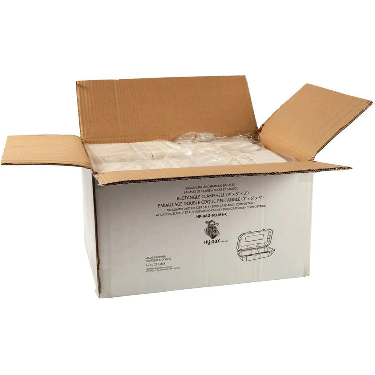 Hy-Pax - 9" X 6" 3" Bagasse Hinged Container, 200/Cs - HP-BAG-9CLM6-C