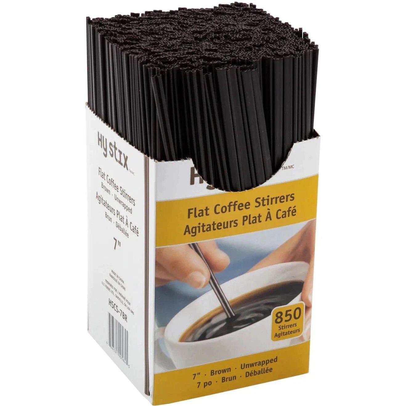Hy-Stix - 7" Plastic Brown Flat Coffee Stirrer, 850/Box - HSCS-7BR