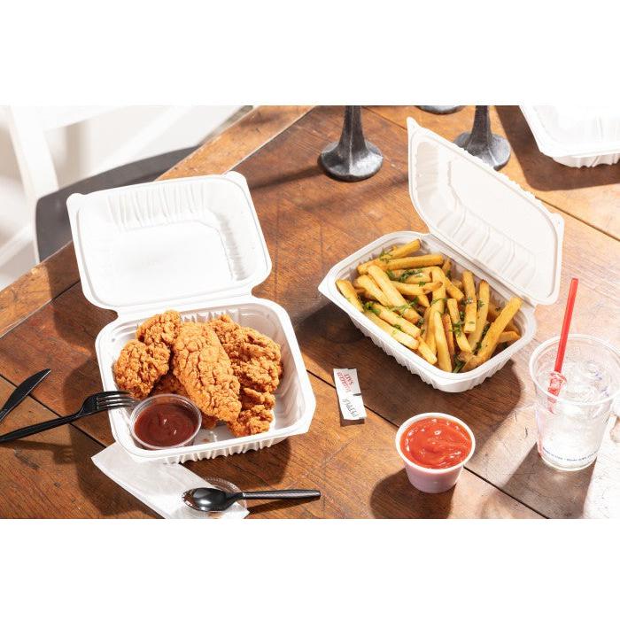 Pactiv Evergreen - 9 x 6 x 2.7" White, Vented MFPP Hinged Lid Container, 170/cs - YCNW0207