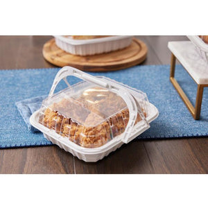 Pactiv Evergreen - White/Clear 9.5" x 8" x 3" 4 Piece MFPP Chicken Barn Container with Vented OPS Dome Lid, 100 Count - YCNC3004000W