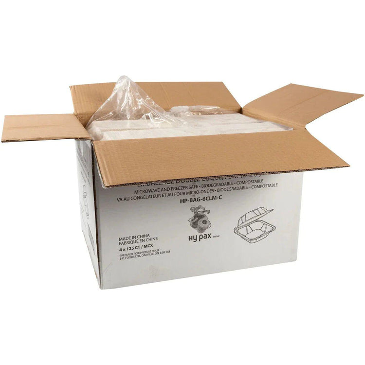 Hy-Pax - 6" X 6" Bagasse Hinged Container,4/125/Pk - HP-BAG-6CLM-C