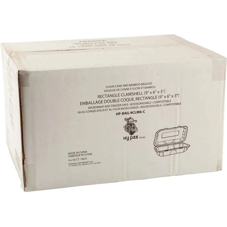 Hy-Pax - 9" X 6" 3" Bagasse Hinged Container, 200/Cs - HP-BAG-9CLM6-C