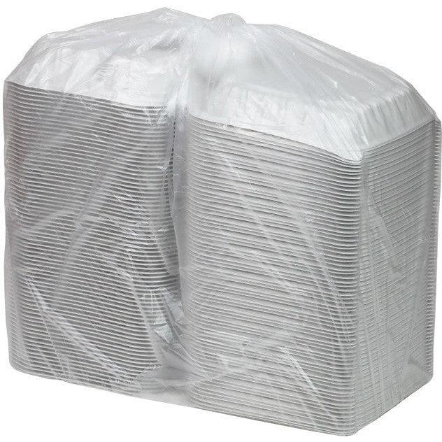 Pactiv Evergreen - 8.5 x 8.6 x 3.1" White, Vented 3-Compartment MFPP Hinged Lid Container, 146/cs - YCNW0853