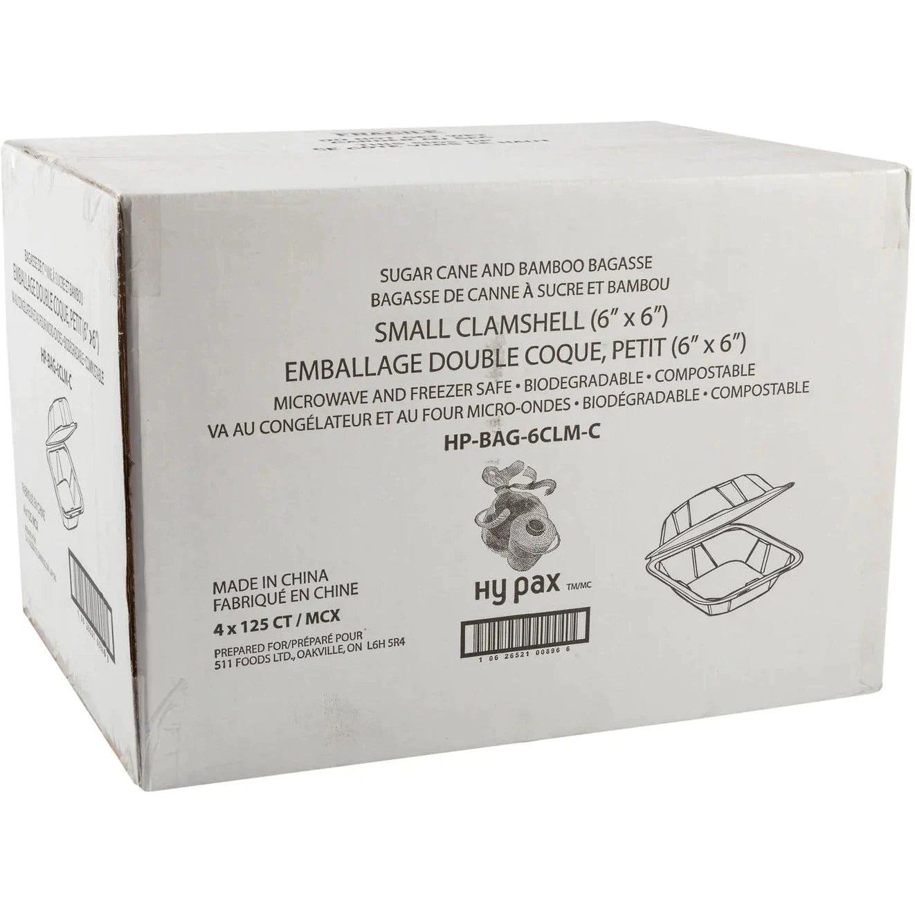 Hy-Pax - 6" X 6" Bagasse Hinged Container,4/125/Pk - HP-BAG-6CLM-C