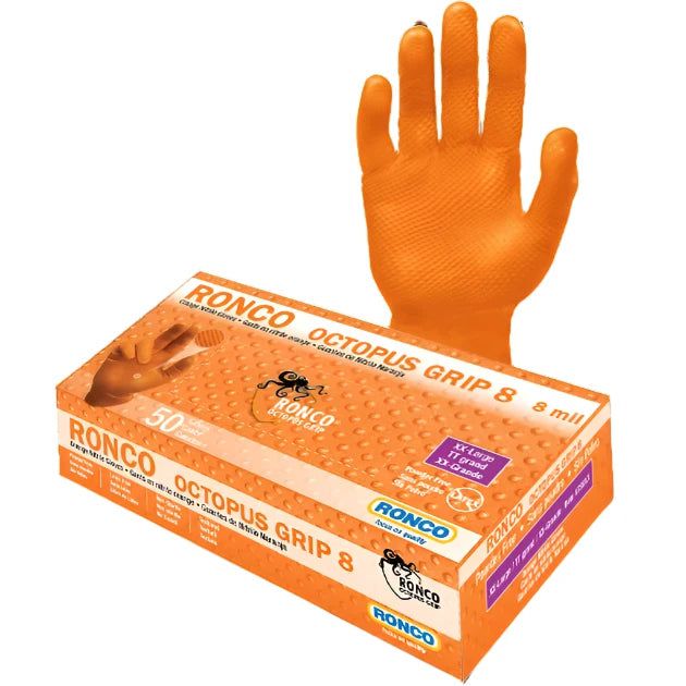 Ronco - Powder Free Octopus Grip 8 mil X-Large Orange Nitrile Gloves, 500/bx 10 bx/cs, 42cs/sk - RNC768XL