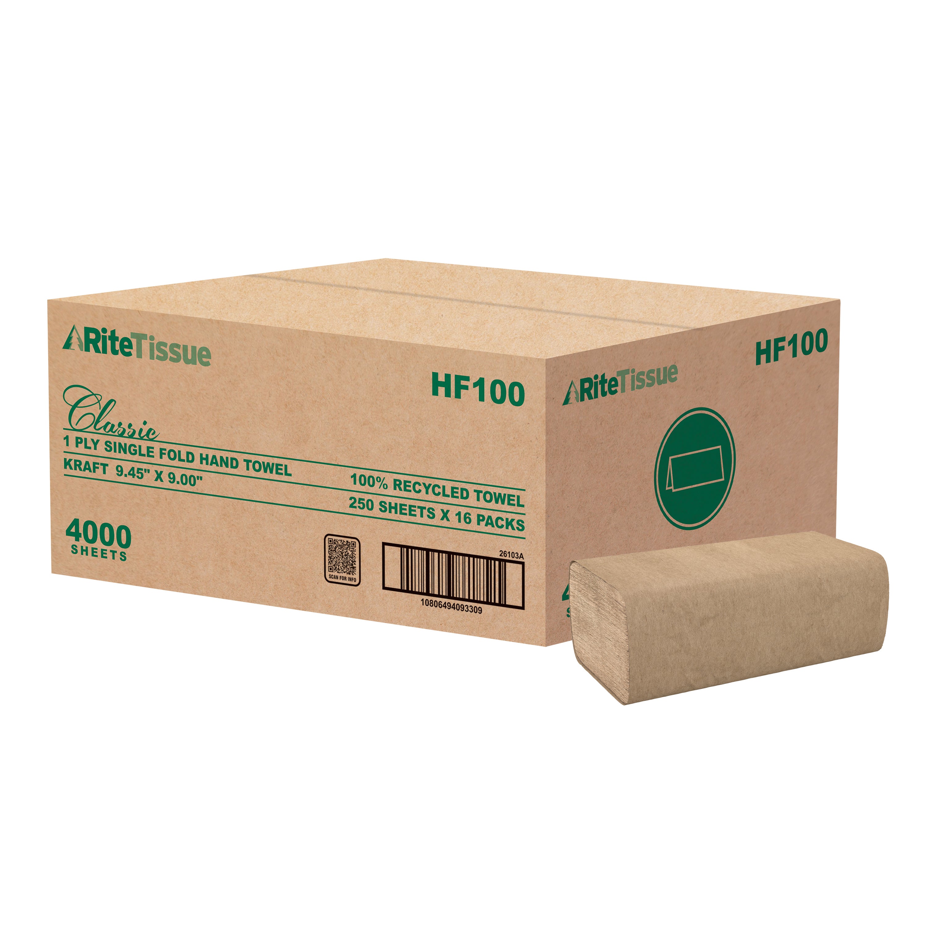 RiteTissue - 9.125" x 9" Kraft Single Fold Towel, 4000/Case - HF100