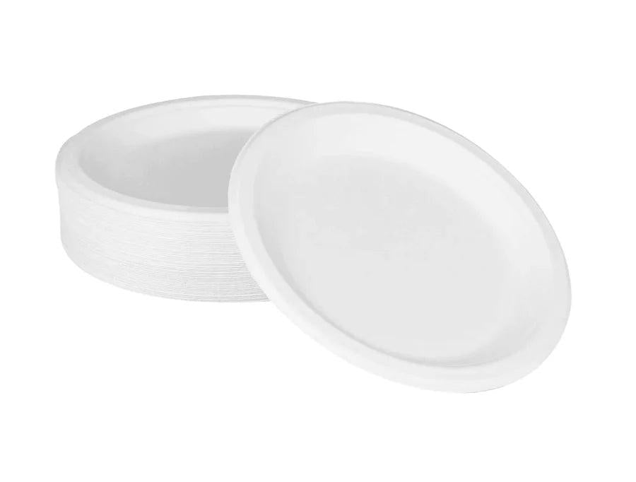 9" White Round Bagasse Plate, 500/cs - BPR09