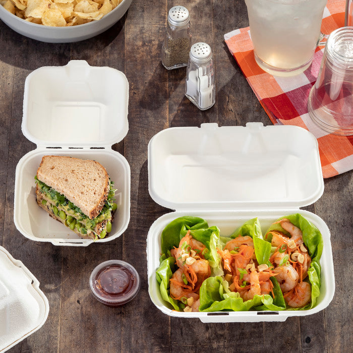 Pactiv Evergreen - 6" x 6" x 3" Earth Choice Bagasse Hinged Lid Takeout Container Natural, 500/Cs - YMCH00800001