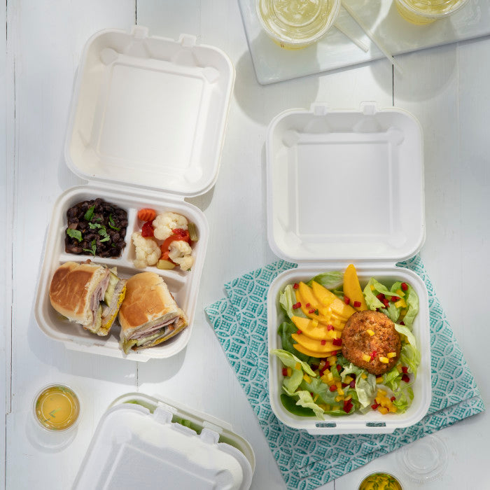 Pactiv Evergreen - 8" x 8" x 3" Earth Choice Bagasse Hinged Lid Takeout Container Natural 3 Compartment , 150/Cs - YMCH08030001