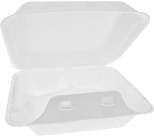 Pactiv Evergreen - 8" x 8.5" x 3", White Foam Medium Hinged-Lid Takeout Container 3-Compartment Smartlock, 150 Per Case - YHLW08030000