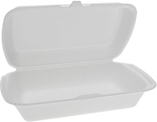 Pactiv Evergreen - 8.8 x 5.5" x 3" PS Foam Hinged Lid Rectangular Container, White, 420 Count - YTH101680000