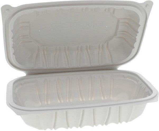 Pactiv Evergreen - 9 x 6 x 2.7" White, Vented MFPP Hinged Lid Container, 170/cs - YCNW0207