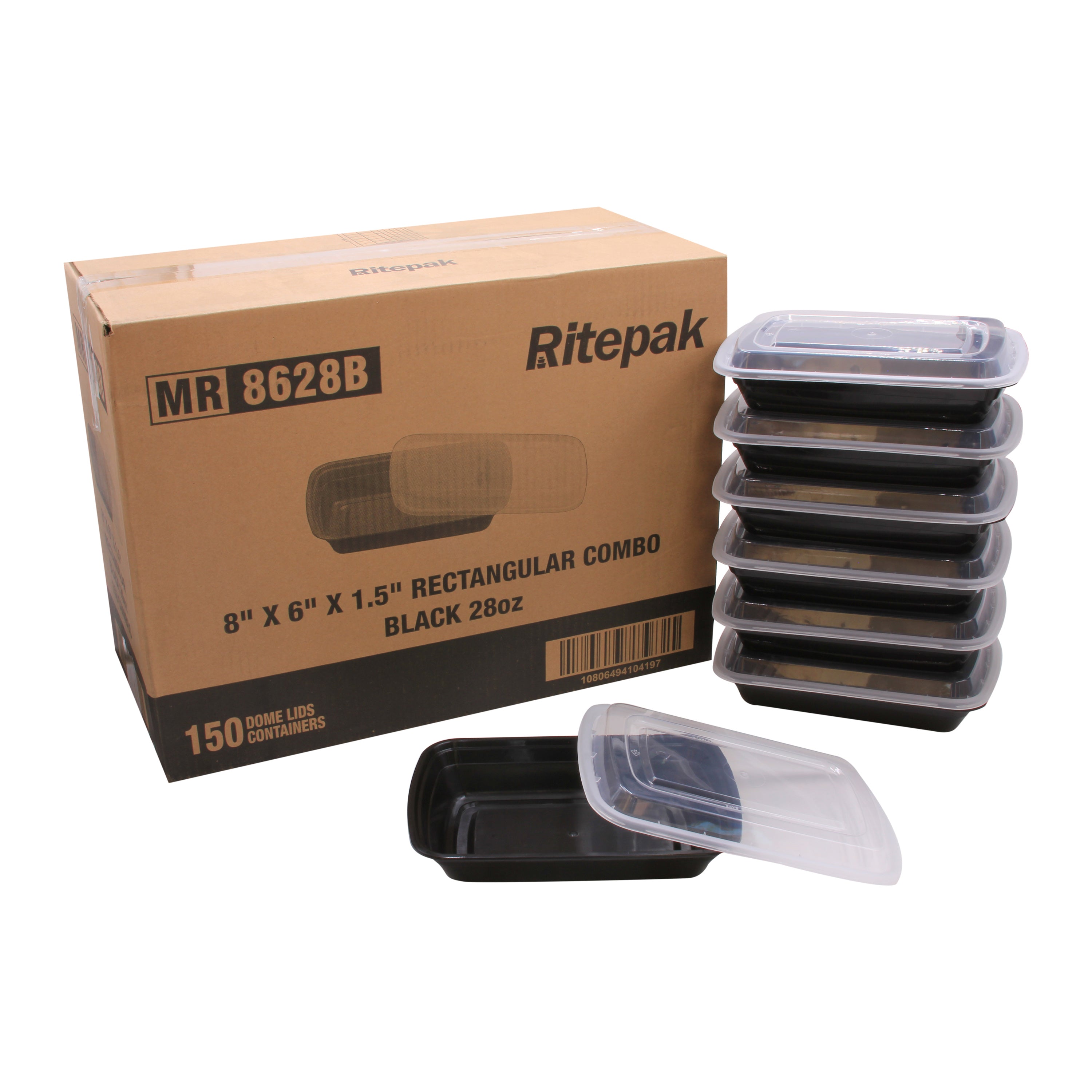 RitePak - 38oz, 8" x 6" x 2" Black Rectangular Microwavable Container with Lid Combo, 150/Cs - MR8638B