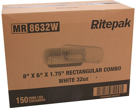 RitePak - 8" X 6" X 1.75" White Rectangle Microwavable Container Combo, 150/cs - MR8632W