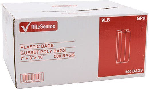RiteSource - 7"+ 3" x 18" Clear 9 lb Poly Bags, 500/bx - GP9