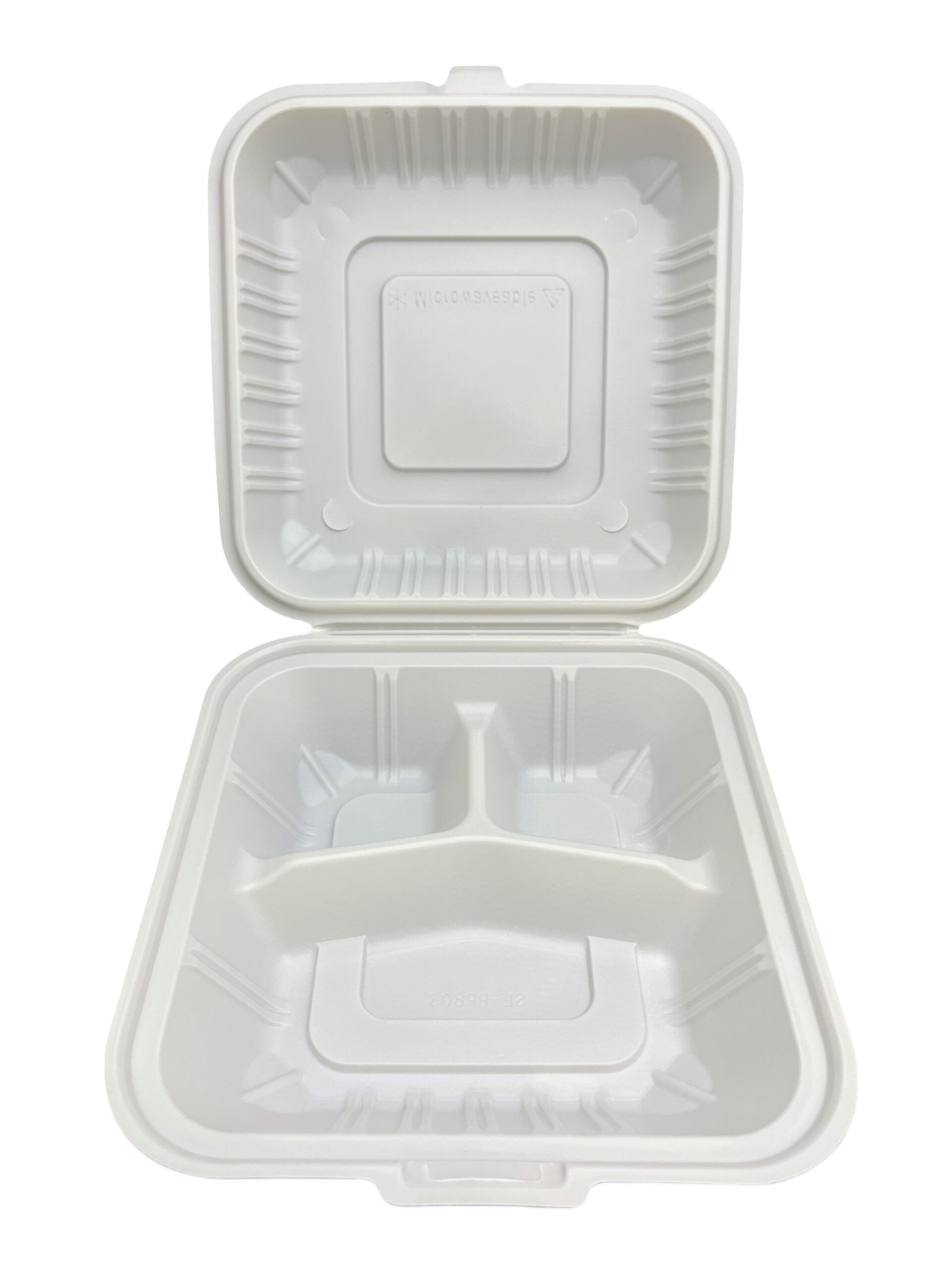 8" x 8" White MFPP Hinged Container with 3 Compartment, 150Pcs/Cs, 70Cs/Sk, 5Cs/Tier - PCMSLPP803