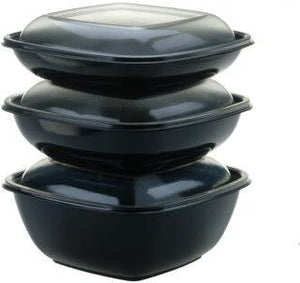 Sabert - 32 Oz Black Large Square Bowl with Clear Dome Lid, 75/Cs - 99032B75