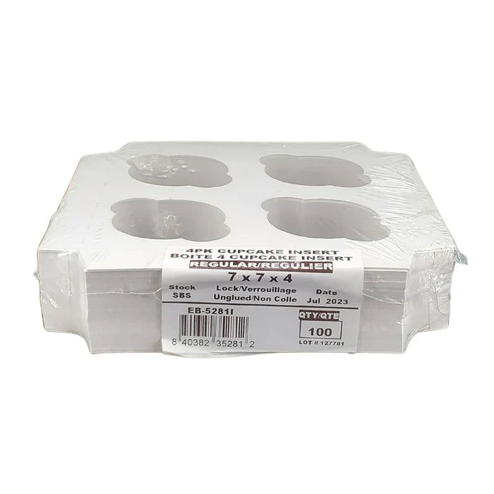 EB Box - 7" x 7 " x 4" White 4 Cupcake Insert, 100/Cs - 5281I