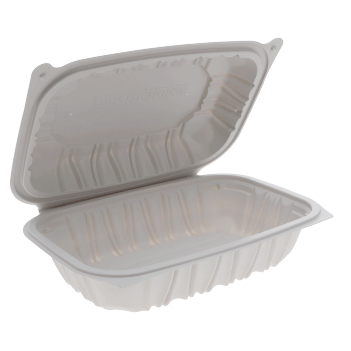 Pactiv Evergreen - 9 x 6 x 2.7" White, Vented MFPP Hinged Lid Container, 170/cs - YCNW0207