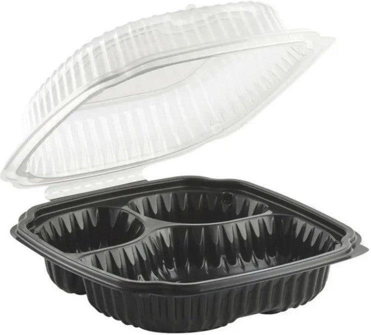 Anchor Packaging - 9" X 9" Black 3-CompMicro Hinged Container, 100/Cs - 4659131