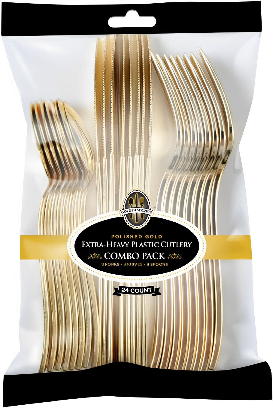 Fineline Settings - Heavy Weight Plastic Cutlery Combo Gold Look, 24 Per Bag, 16 Per Case - 7650