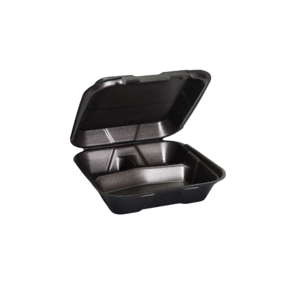 Genpak - 9.25" x 9.12" x 3" Plastic Large Black 3 Compartment Hinged Container, 150/Cs - GPKPV203