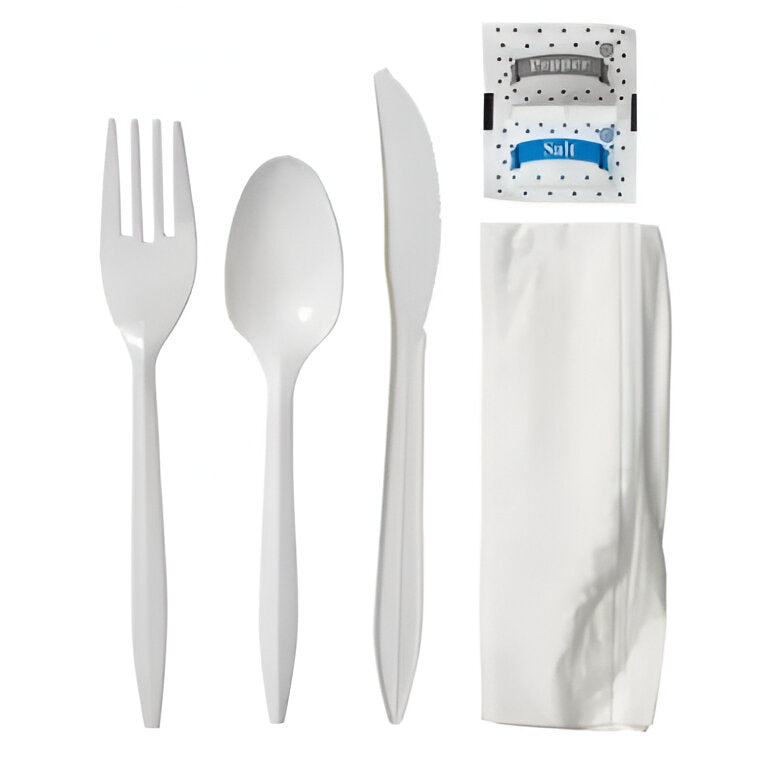 Victoria Bay - 6 Pc Medium Weight Plastic White Cutlery Kit U2209W (Knife, Fork, Teaspoon, S&P, Napkin), 250/cs - KARU2209W