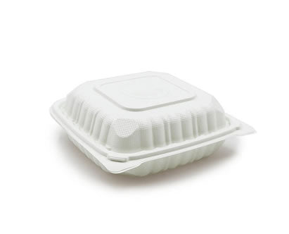 8" x 8" White Receycle Microwavable Hinged Container with 1 Compartment and Lid, 180/CS - PCMSL61W