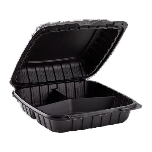 Rite Brands - 8" x 8" Black 3 Compartment Hinged Pebble Container, 180/Cs - SL-83