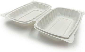 9" x 6" x 3" White Recyclable Microwavable Hinged Container with Lid and 1 Compartment, 250/CS - PCMSL96W