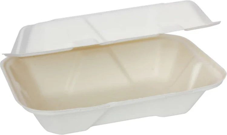 RiteEarth - 9" x 6" Guac M Bagasse Hinged Container, 200/cs - REBH189GUA