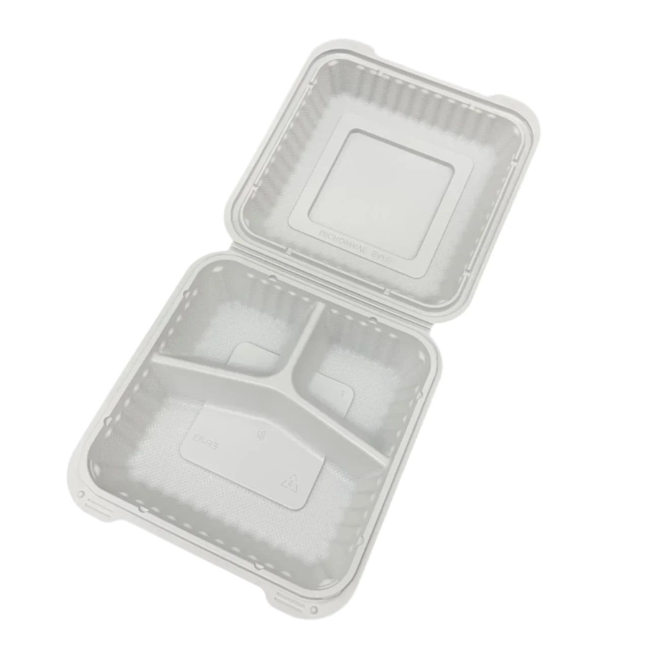 RitePak - 8" x 8" White MFPP Hinged Container with 3 Compartment, 150Pcs/Cs 70Cs/Sk 5Cs/Tier - RPPH803