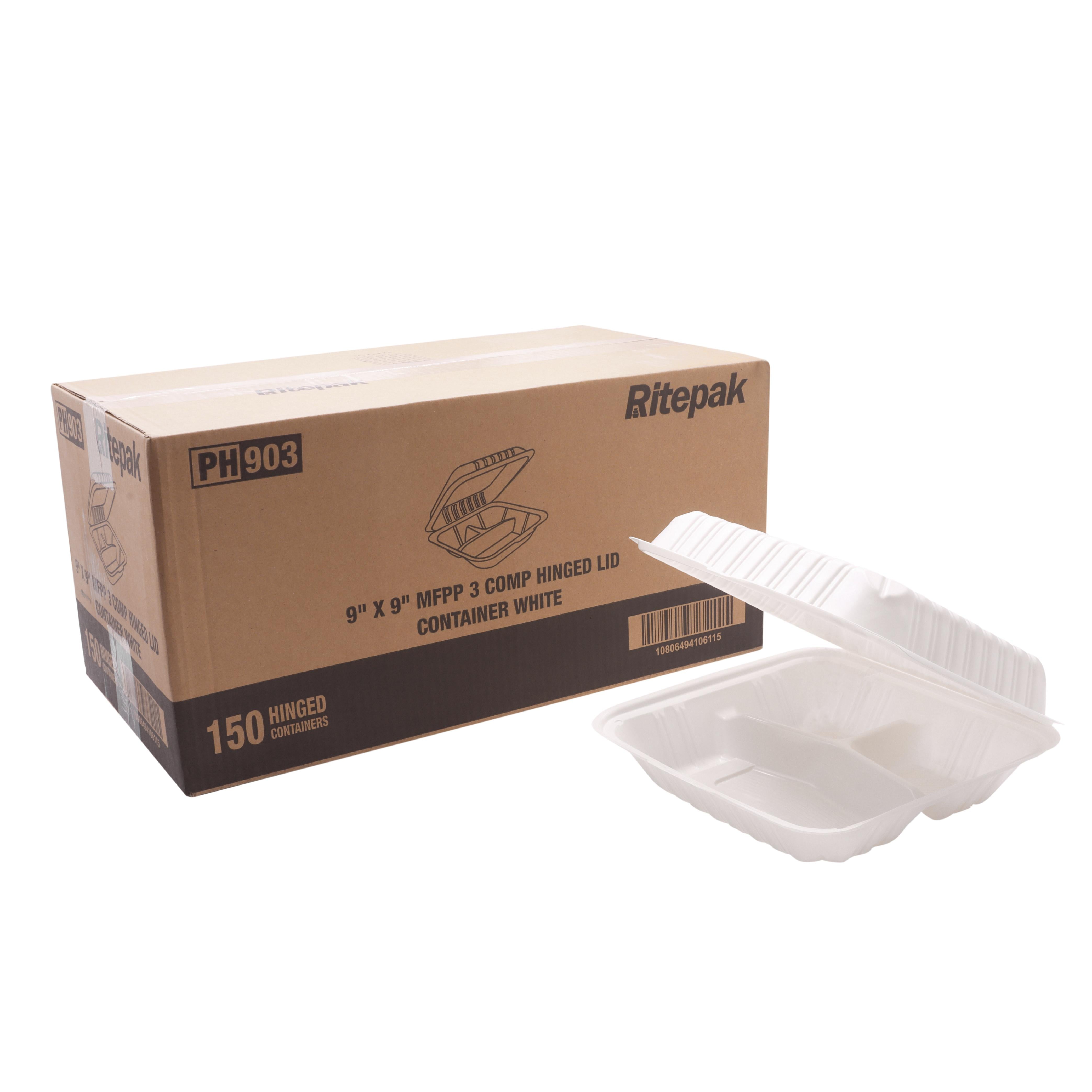 RitePak - 9" X 9" MFPP 3 Compartment White Hinged Microwavable Container, 150/Cs - PH903