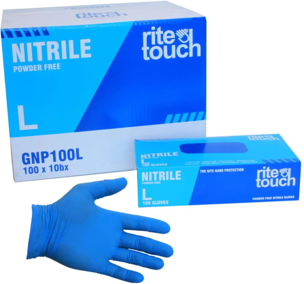 RiteTouch - Blue Large PF Nitrile Gloves, 100/Box, 10Bx/Cs, 75cs/sk, 5Cs/Tier - RTGNP100L