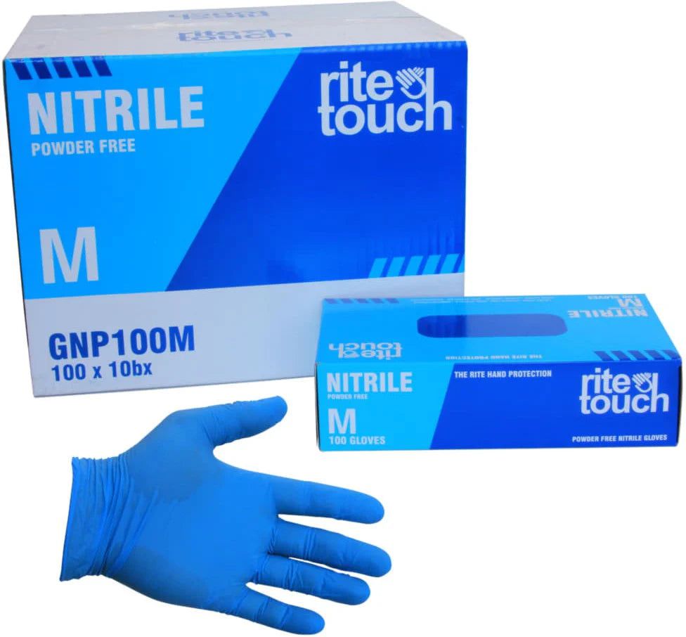 RiteTouch - Blue Medium PF Nitrile Gloves, 100/Box, 10Bx/Cs, 75cs/sk, 5Cs/Tier - RTGNP100M